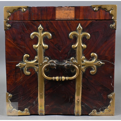 881 - An early 17th century continental brass bound oyster veneered coffer fort, the elaborate brass fitti... 