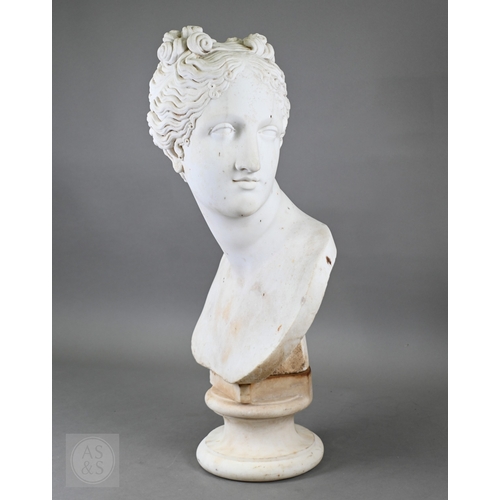 888 - An antique white marble bust of a classical female with ornate hair, on socle base, 62cm high