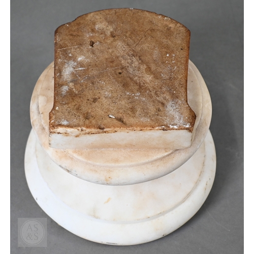 888 - An antique white marble bust of a classical female with ornate hair, on socle base, 62cm high