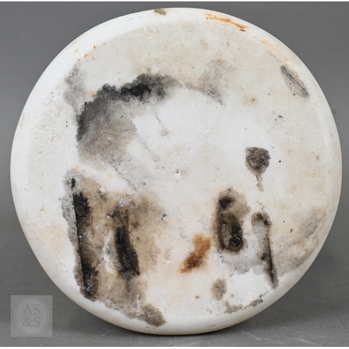 888 - An antique white marble bust of a classical female with ornate hair, on socle base, 62cm high