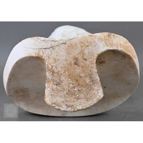 888 - An antique white marble bust of a classical female with ornate hair, on socle base, 62cm high