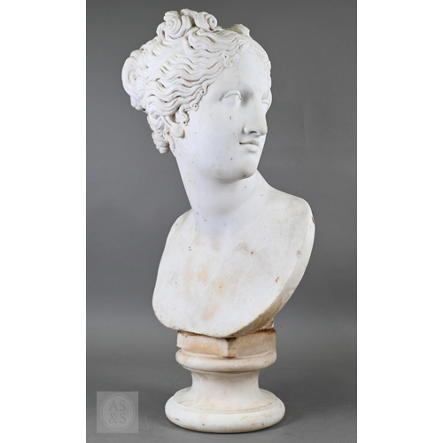 888 - An antique white marble bust of a classical female with ornate hair, on socle base, 62cm high