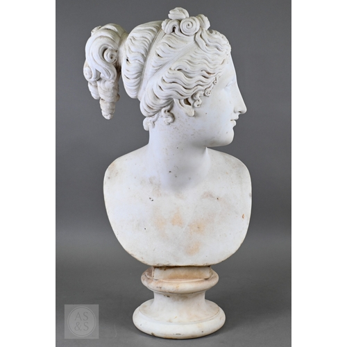 888 - An antique white marble bust of a classical female with ornate hair, on socle base, 62cm high