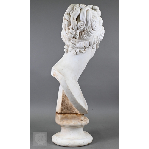888 - An antique white marble bust of a classical female with ornate hair, on socle base, 62cm high