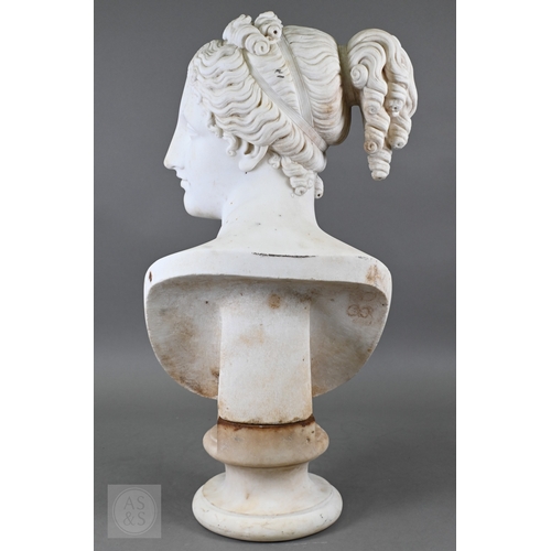 888 - An antique white marble bust of a classical female with ornate hair, on socle base, 62cm high