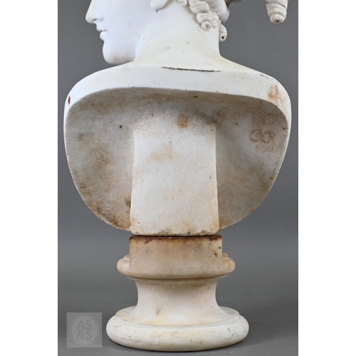 888 - An antique white marble bust of a classical female with ornate hair, on socle base, 62cm high
