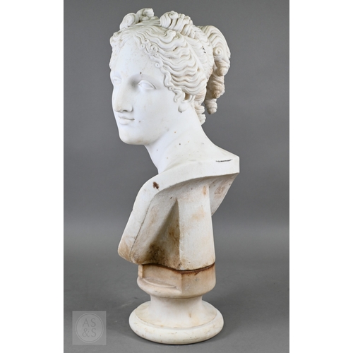888 - An antique white marble bust of a classical female with ornate hair, on socle base, 62cm high