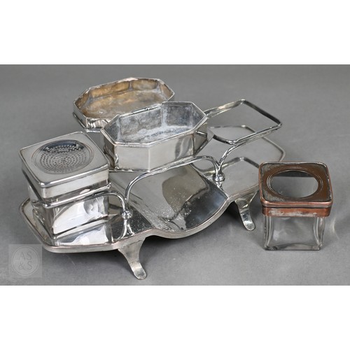 21 - A Regency Old Sheffield Plate desk-stand fitted with nib-box flanked by two square glass pots with m... 