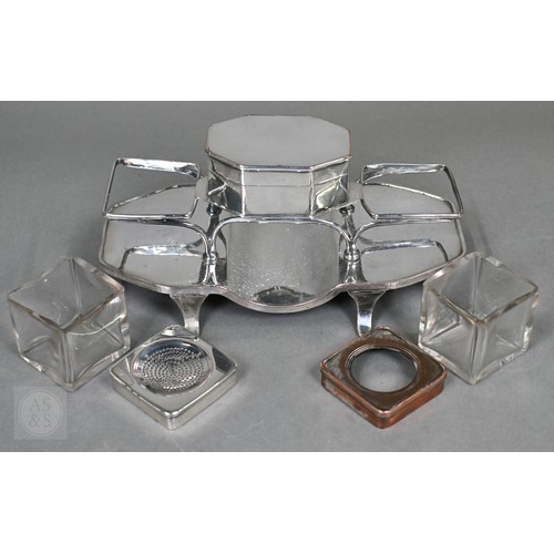 21 - A Regency Old Sheffield Plate desk-stand fitted with nib-box flanked by two square glass pots with m... 