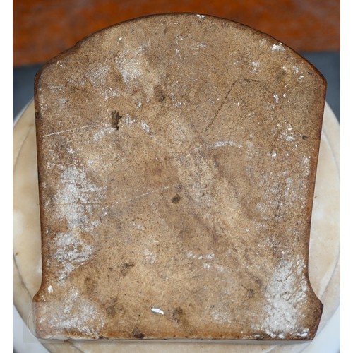 888 - An antique white marble bust of a classical female with ornate hair, on socle base, 62cm high