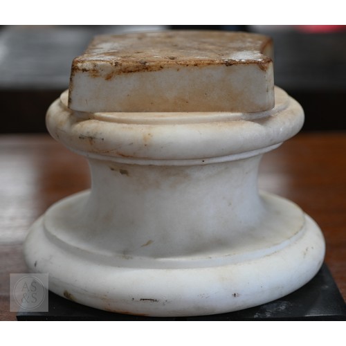 888 - An antique white marble bust of a classical female with ornate hair, on socle base, 62cm high