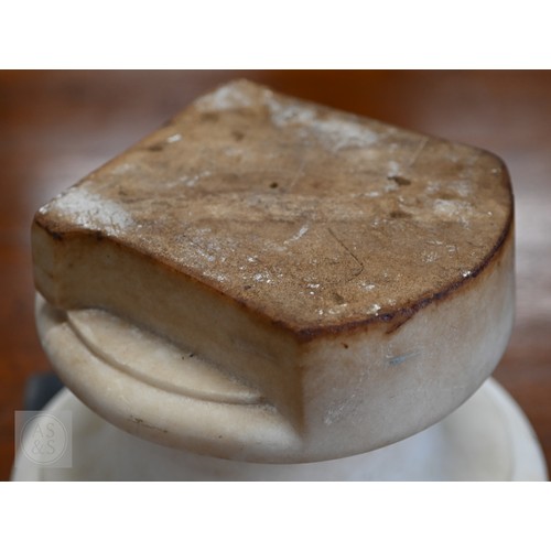 888 - An antique white marble bust of a classical female with ornate hair, on socle base, 62cm high