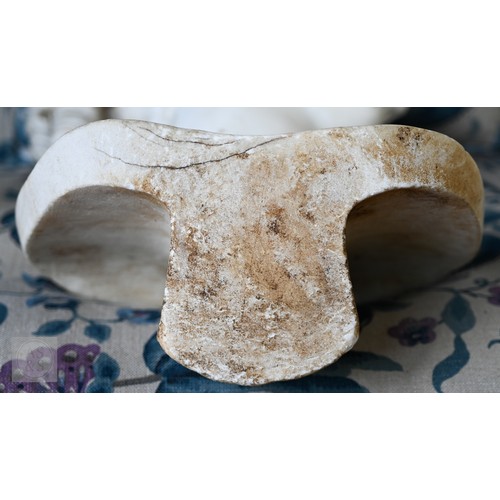 888 - An antique white marble bust of a classical female with ornate hair, on socle base, 62cm high