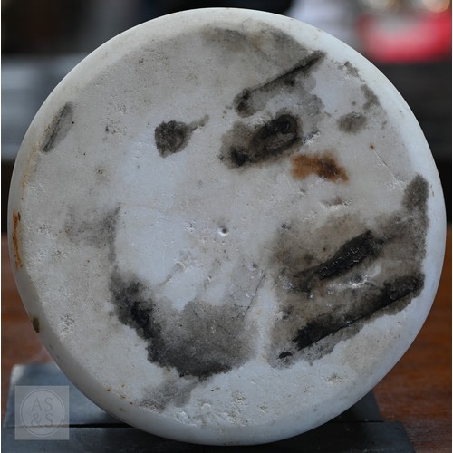 888 - An antique white marble bust of a classical female with ornate hair, on socle base, 62cm high