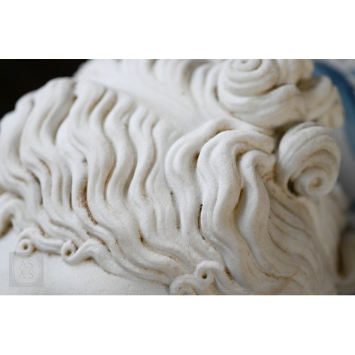 888 - An antique white marble bust of a classical female with ornate hair, on socle base, 62cm high