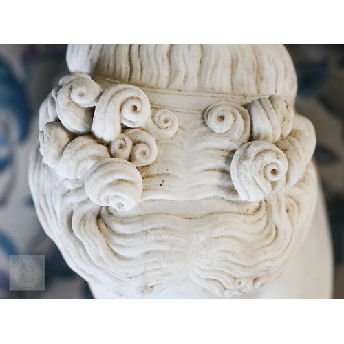 888 - An antique white marble bust of a classical female with ornate hair, on socle base, 62cm high