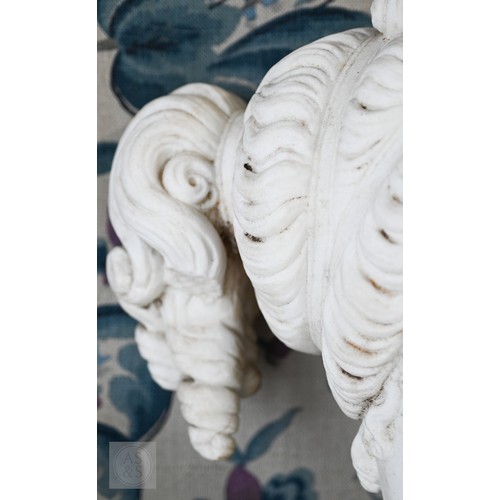 888 - An antique white marble bust of a classical female with ornate hair, on socle base, 62cm high