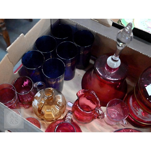 425 - A Victorian cranberry glass claret jug with engraved electroplated collar, cover and handle, to/w a ... 