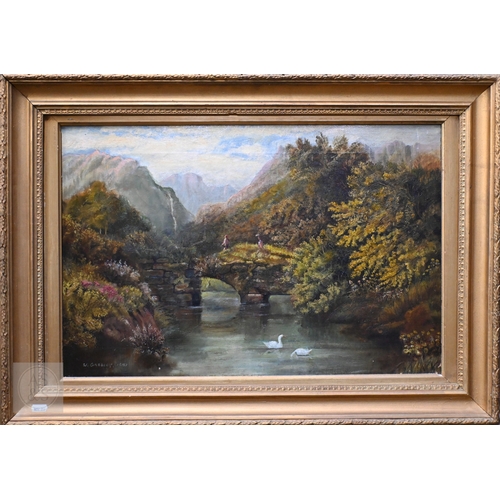 310 - W Gresley - Ramblers traversing an overgrown bridge, oil on canvas, signed and dated 1887, 40 x 60 c... 