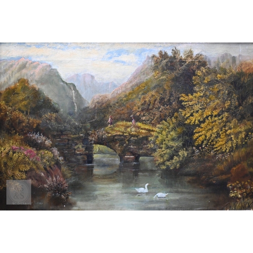 310 - W Gresley - Ramblers traversing an overgrown bridge, oil on canvas, signed and dated 1887, 40 x 60 c... 