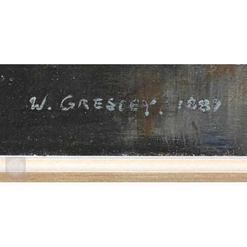 310 - W Gresley - Ramblers traversing an overgrown bridge, oil on canvas, signed and dated 1887, 40 x 60 c... 