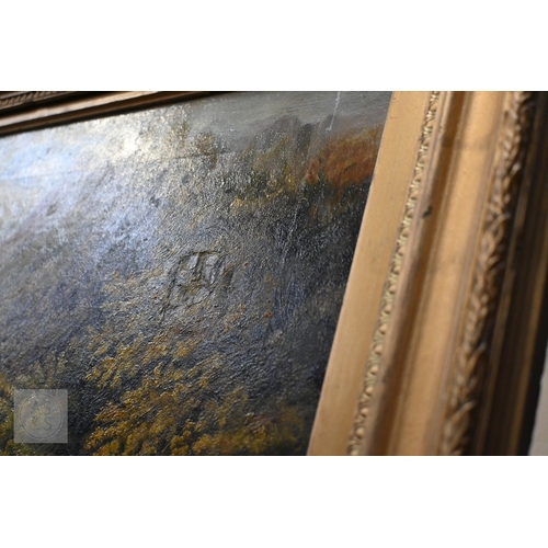 310 - W Gresley - Ramblers traversing an overgrown bridge, oil on canvas, signed and dated 1887, 40 x 60 c... 