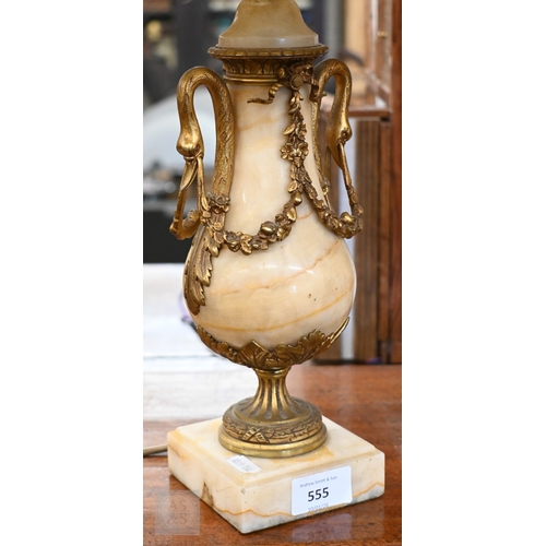 122 - A pair of turned marble table lamps with gilt metal mounts, 28 cm to top of body (2)