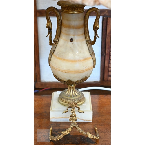 122 - A pair of turned marble table lamps with gilt metal mounts, 28 cm to top of body (2)