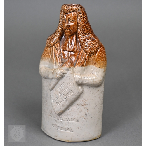 553 - An early 19th Century commemorative stoneware flask, modelled as Lord Brougham, holding the Reform B... 