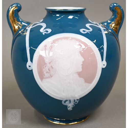 554 - A German ceramic bulbous vase with p&acirc;te-sur-p&acirc;te medallions depicting profiles of Renais... 