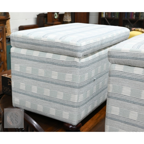 107 - A modern box seated ottoman stool upholstered in soft blue, green and cream panel stripe woven fabri... 