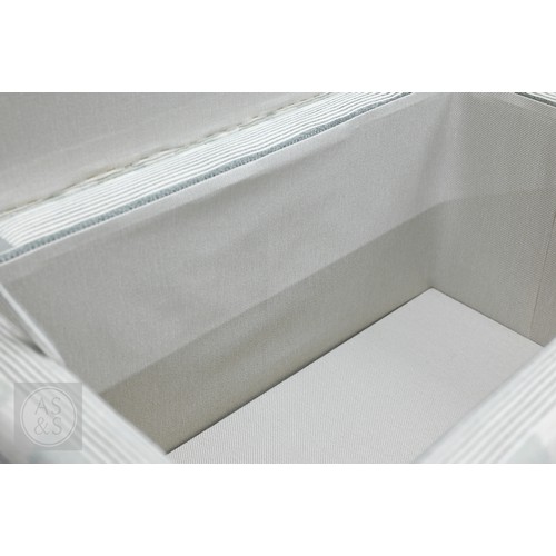 107 - A modern box seated ottoman stool upholstered in soft blue, green and cream panel stripe woven fabri... 