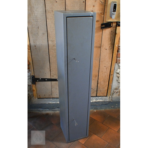11 - A gun cabinet c/w key, 26 cm x 26 cm x 130 cm h to/with a clay trap (2)