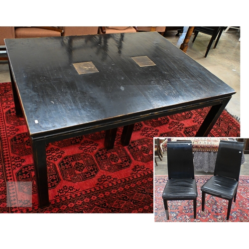 132 - A substantial Chinese black painted extending dining table with four optional leaves, each section i... 