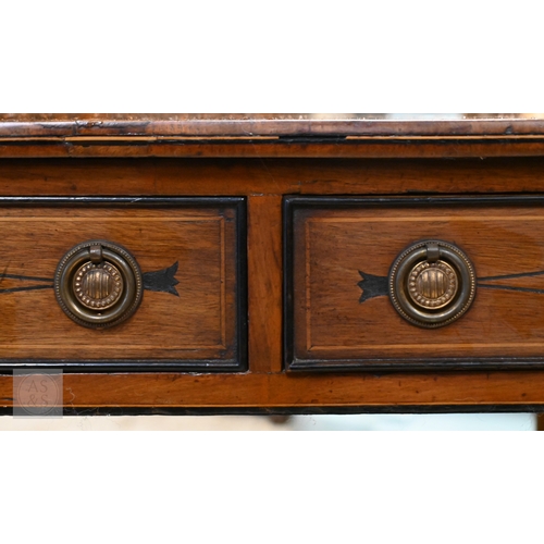 186 - A Regency style mahogany inlaid sofa table with two drawers and opposing dummy drawers on splayed le... 