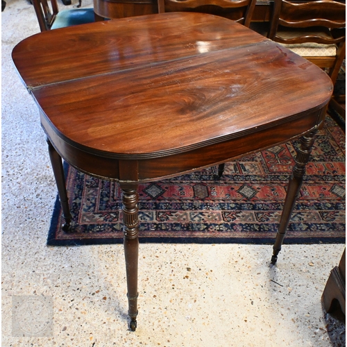 224 - A Victorian mahogany demi-lune folding tea table on turned legs with casters, 90 x 45 x 77 cm high (... 