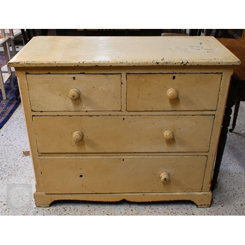 225 - An antique cream painted chest of two short over two long drawers with turned handles (one missing),... 