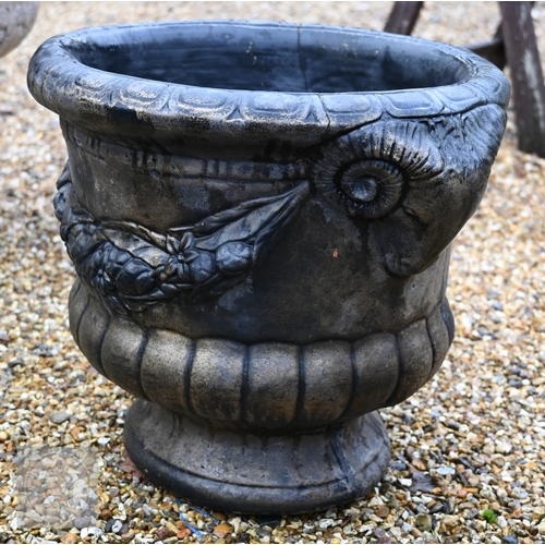 23 - A pair of Georgian style cast composite faux lead finished planters with rams head decoration (2)
