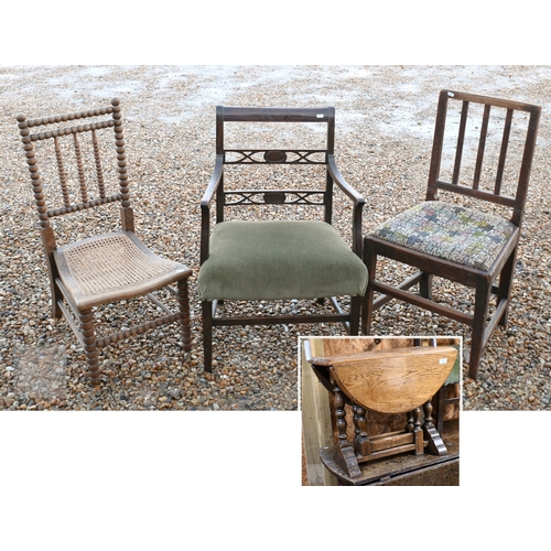 235 - A 19th century mahogany carver chair, to/w a provincial ash slat-back side chair, Victorian bobbin-t... 