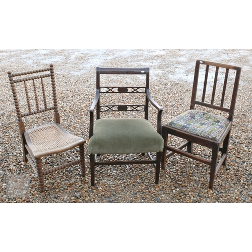 235 - A 19th century mahogany carver chair, to/w a provincial ash slat-back side chair, Victorian bobbin-t... 