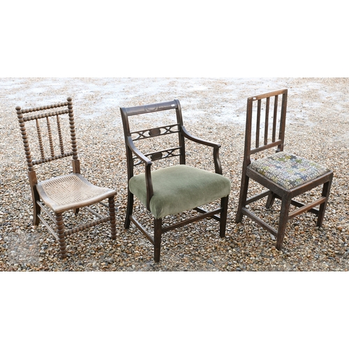 235 - A 19th century mahogany carver chair, to/w a provincial ash slat-back side chair, Victorian bobbin-t... 