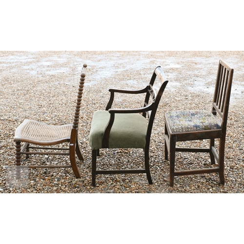 235 - A 19th century mahogany carver chair, to/w a provincial ash slat-back side chair, Victorian bobbin-t... 