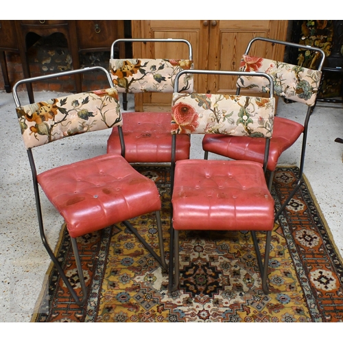 240 - A set of four tubular steel stacking chairs with buttoned pink vinyl and floral fabric upholstery (4... 