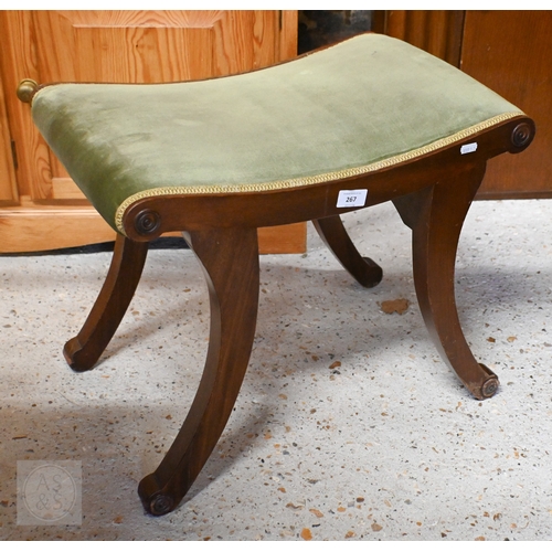 267 - A Regency style mahogany stool with green dralon fabric covered seat