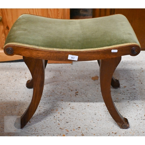 267 - A Regency style mahogany stool with green dralon fabric covered seat