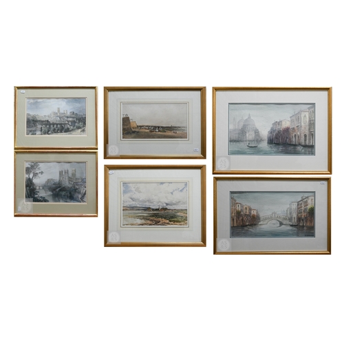 338 - Six various pictures - two Venetian watercolour views; E S Wimperis - two of Bosham, watercolour; an... 
