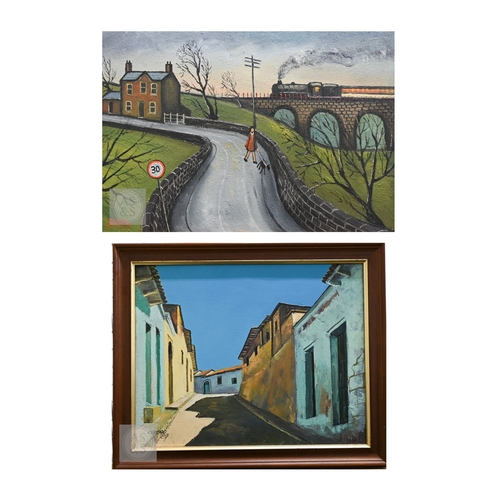 352 - Cosa - Girl walking a dog, oil on canvas, signed and dated 2014, 43 x 63 cm to/w Cerado - A Guatemal... 