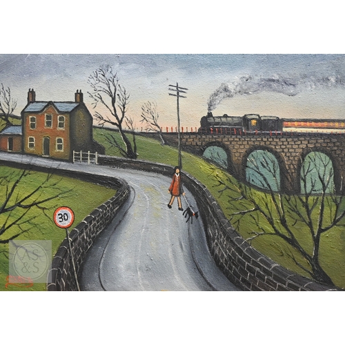 352 - Cosa - Girl walking a dog, oil on canvas, signed and dated 2014, 43 x 63 cm to/w Cerado - A Guatemal... 