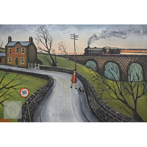 352 - Cosa - Girl walking a dog, oil on canvas, signed and dated 2014, 43 x 63 cm to/w Cerado - A Guatemal... 