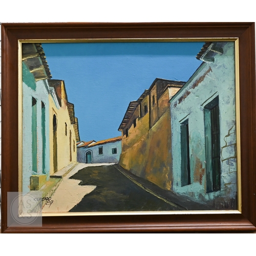 352 - Cosa - Girl walking a dog, oil on canvas, signed and dated 2014, 43 x 63 cm to/w Cerado - A Guatemal... 